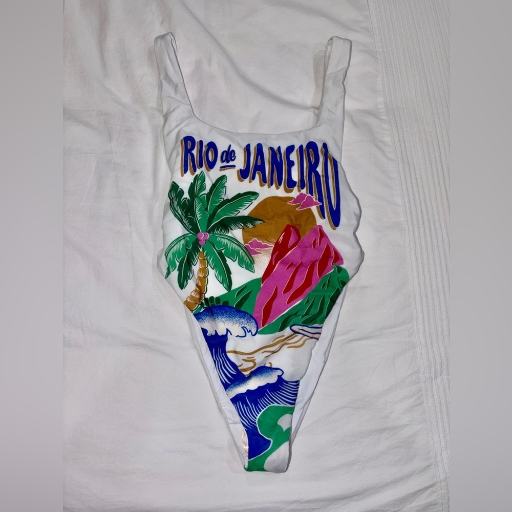 Farm Rio White Carioca Posters One-Piece Swimsuit / Bathing suit / Swim - Picture 5 of 6